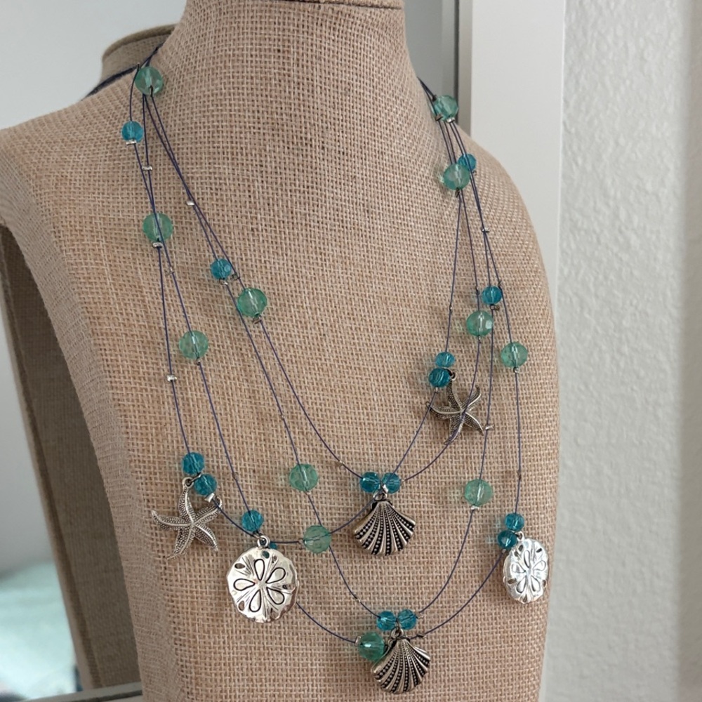 Multi-Strand Teal Bead and Silver Charm Necklace - Brand Unknown